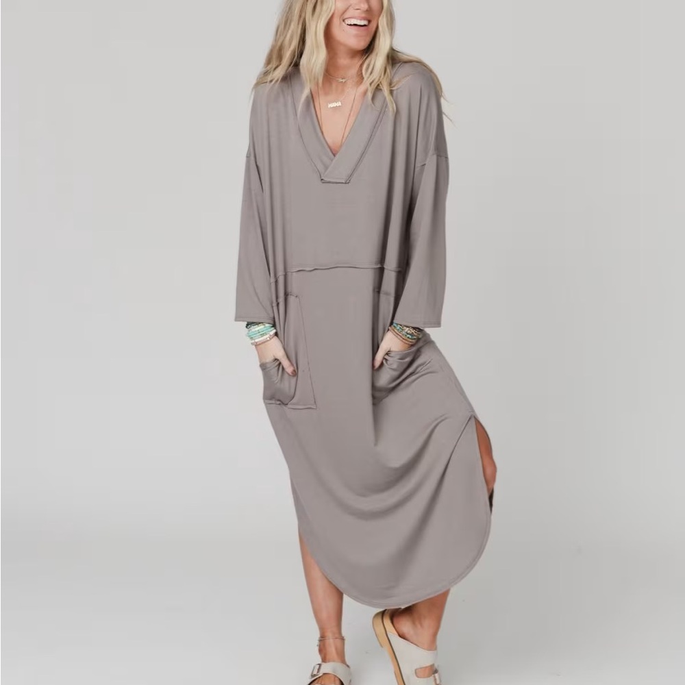 The Nest Meadow Oversized Long Sleeve Slit Maxi Dress Gray